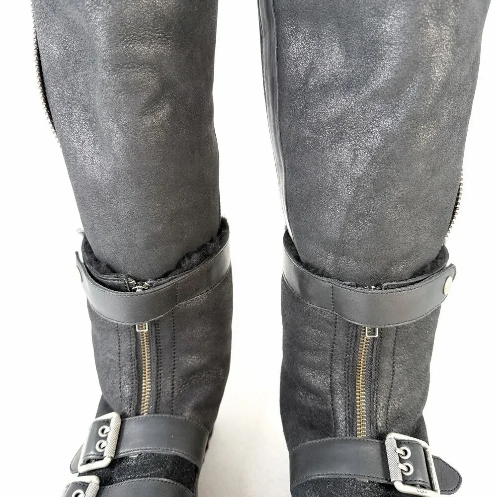 UGG Moto Punk OTK Boot Black Biker Buckle Zipper Round Toe Women's Size 10